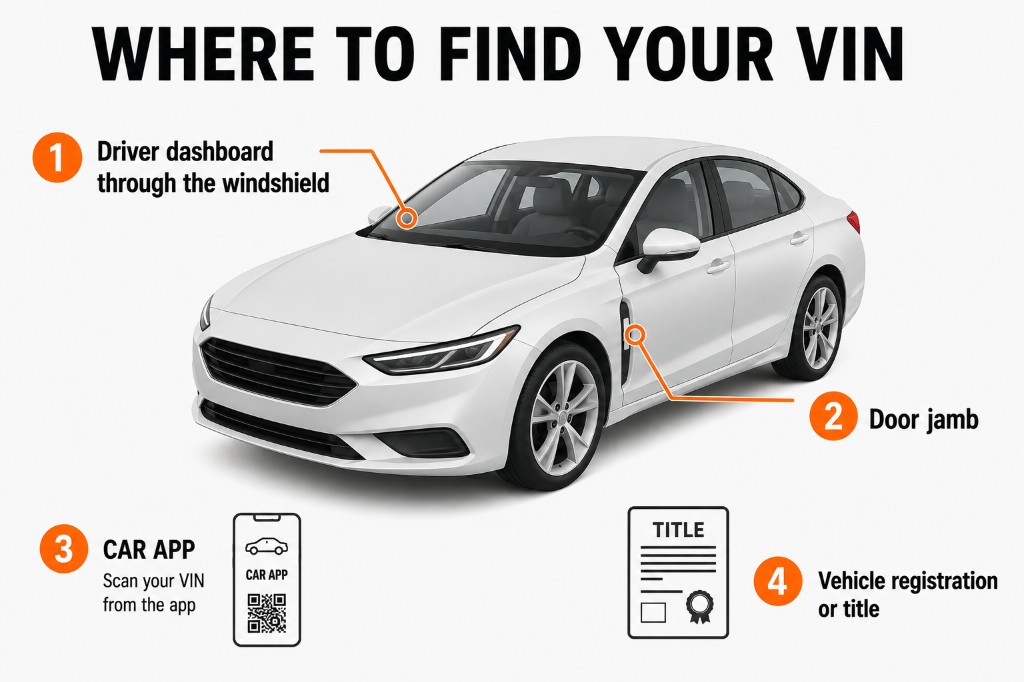 Where to find your VIN: 1) driver dashboard through the windshield, 2) door jamb, 3) car app — scan your VIN from the app, 4) vehicle registration or title